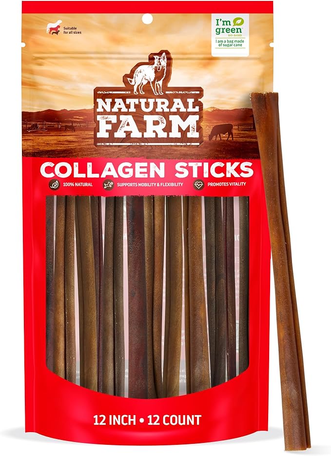 Natural Farm Odor-Free Collagen Chews, (12-Inch, 12-Pack), Long Lasting Bully Sticks & Rawhide Alternative Dog Treats, 95% Collagen, High Protein Best Dental Dog Treats – Medium & Large Dogs-Mewly Pet