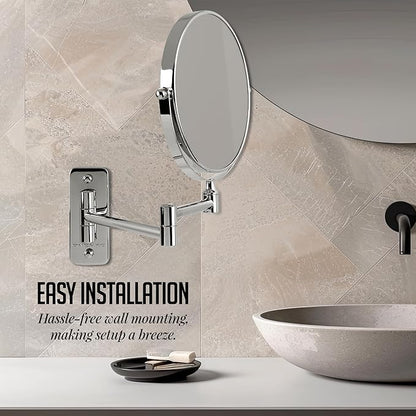 OVENTE 7" Wall Mounted Makeup Mirror with 1X/10X Magnification, Double Sided Magnifying Round Bathroom Vanity Mirror, 360° Swivel Design, Extendable and Folding Arm, Polished Chrome MNLFW70CH1X10X