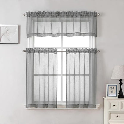 Aiyufeng Kirei Faux Linen Kitchen Sheer Valance 14 Inch Length, Soft Airy Slub Textured Short Curtain for Small Windows Farmhouse Bathroom Bedroom Basement, 60X14 Inch, 1 Piece, Silver Grey