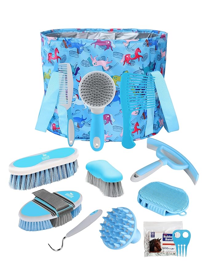 Harrison Howard Horse Grooming Kit 11-Piece Equine Care Series Horse Brush Sets with Organizer Tote Bag Tack Room Supplies Shedding Grooming Massaging Tools Blue Brushstroke Ponies-Mewly Pet