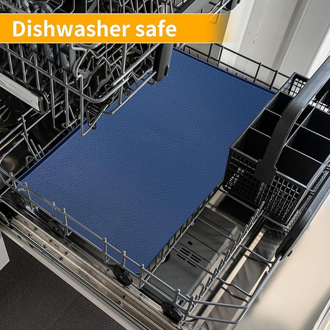 Ptlom Silicone Pet Placemat for Dog and Cat, Waterproof Non-Slip Pet Feeding Bowl Mats for Food and Water, Small Medium Large Tray Mat Prevent Residues from Spilling to Floor, Navy Blue, 18" 12"-Mewly Pet