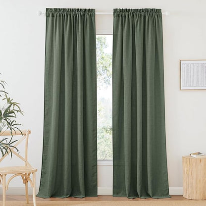 RYB HOME Spring Curtains for Living Room, Light Filtering Privacy Protection Linen Sheer Curtains for Sliding Glass Door, W 52 x L 90 inches, Hunter Green, 2 Panels Set