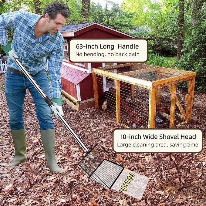 Chicken Poop Scooper for Sand - 10-inch 37 to 63" Long Chicken Coop Scoop with Stainless Steel Handle, Chicken Coop Cleaning Rake for Poop, Large Hen Litter Sifter Shovel-Mewly Pet