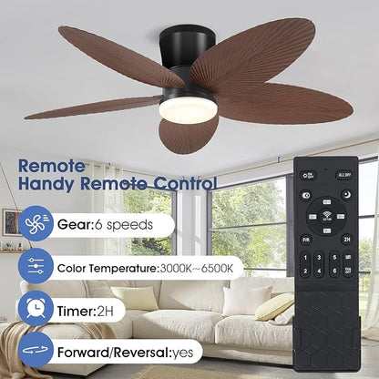 Palm Leaf Ceiling Fans with Lights-42 Tropical Ceiling Fan with Light and Remote/APP Control,Flush Mount Low Profile Ceiling Fans for Bedroom,Indoor/Outdoor Patio Use(Brown)