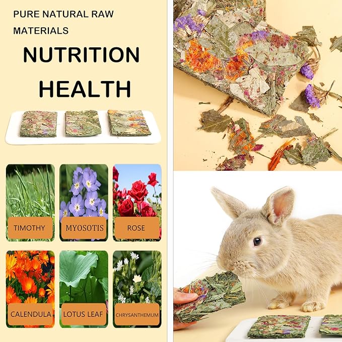Rabbit Toys 10 Pack Bunny Toys Bunny Chew Toy Guinea Pig Treats Timothy Hay Toy Chips with Herbal Flowers Timothy Hay Grass Hamster Snacks Chinchillas Gerbils for Small Animals Teeth-Mewly Pet