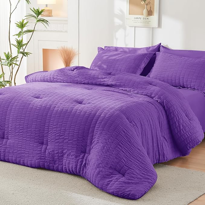 HYMOKEGE Dark Purple Queen Comforter Set Seersucker 7 Pieces, All Season Luxury Bed in a Bag Queen for Bedroom, Bedding Set with Comforter, Sheets, Pillowcases & Shams