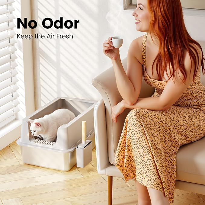 2 Pack Stainless Steel Cat Litter Box - Enclosed XL Metal Kitty Litter Box with Lid for Big Cats, High Sided, Anti-Leakage, Easy Cleaning, Non-Sticky, Included Cat Litter Spoon-Mewly Pet