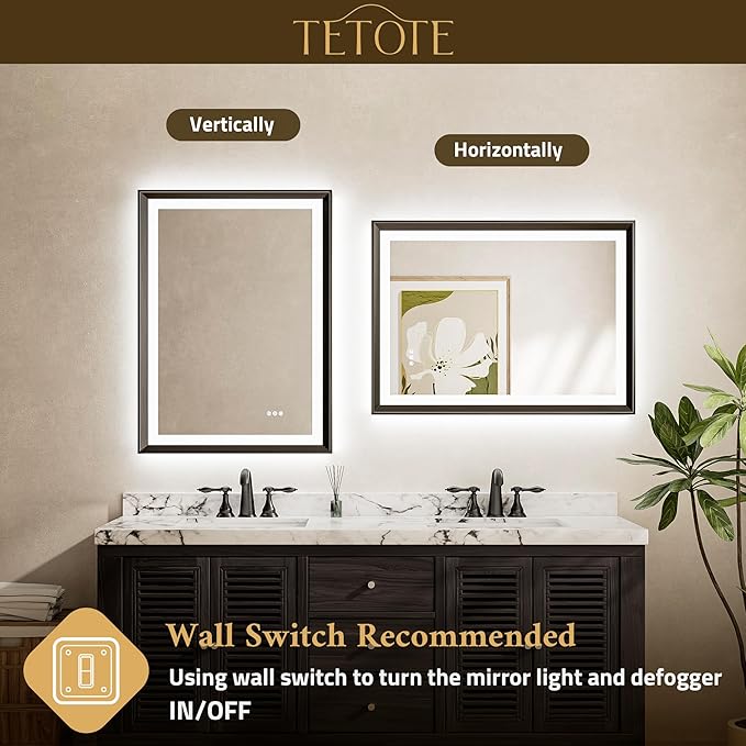 TETOTE 20x28 LED Mirror for Bathroom Black Metal Frame Frontlit & Backlit Lighted Vanity Mirror Baroque Anti Fog Stepless Dimmable White/Warm/Natural,CRI90+,Wall Mounted(Horizontal/Vertical)