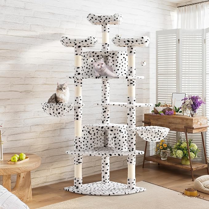 SHA CERLIN 73in Fan-Shaped Corner Cat Tower for Save Space/Multi-Level Tall Tree for Indoor Kitties/Condo with Baskets/Cozy Perches/Sisal Scratching Posts/Pet Activity House/White & Black Spot-Mewly Pet