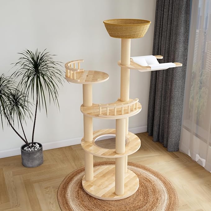 Modern Wood Cat Tree for Large Cats,Luxury Rattan Oak Cat Trees Towers，Rattan Cat Tree with Capsule &Hammock，3 Weaving Cat Nests & Washable, Sisal Scratching Posts, for Indoor Cats, (Large 02)-Mewly Pet
