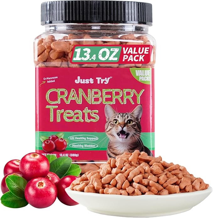 Just Try 13.4 OZ Urinary Tract Cat Treats for Indoor Cats Health Supplement Cranberry & D-Mannose for Kidney Bladder UT Support Salmon Flavor Crunchy Chews Cat Loves-Mewly Pet