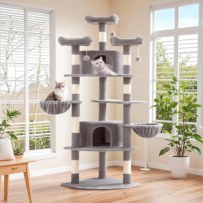SHA CERLIN 73" Space-Saving Cat Tree/Multi-Level Tall Cat Tower with Perches/Scratching Posts/Condo & Hanging Baskets/Modern Fan-Shaped Design for Indoor Kitties/Pet Activity House/Grey-Mewly Pet