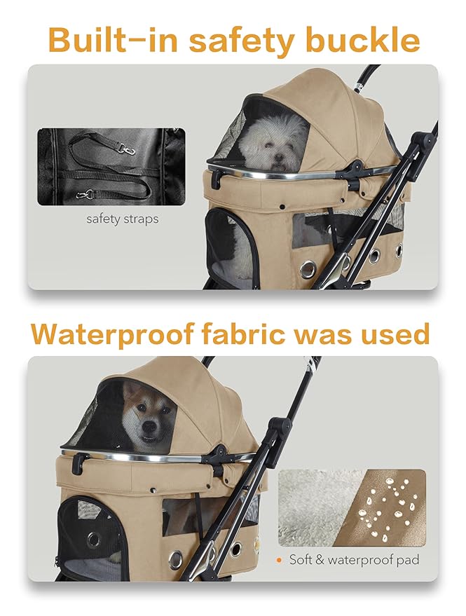 JK Pawadore 4 Wheels Pet Stroller Best Lightweight Foldable Portable Secure Easy Lock NO-Zip 180 ̊ Canopy Sun Shades Waterproof for Small/Medium Dogs 33lbs with Large Storage Basket (Khaki)-Mewly Pet