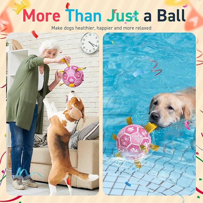 QDAN Dog Birthday Toys, Squeaky Dogs Toys, Dog Soccer Ball with Straps, Puppy Gifts, Herding Balls with Bell Inside, Water Toy, Durable Ropes Ball for Medium Large Dogs (8 inch)-Mewly Pet