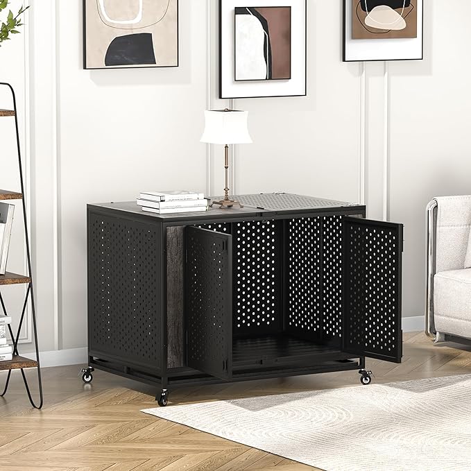 42" Heavy Duty Dog Crate Furniture for Medium and Large Dogs, Enclosed Design with 0.5 inch Holes, Indestructible Metal Kennel for High Anxiety Dogs, Chew Proof Indoor Pet House Cage, Gray-Mewly Pet