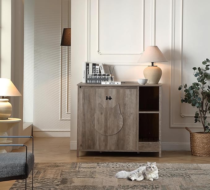 Cat-Faced Doors Cat Litter Robot Enclosure,Automatic Litter Box Enclosure for Litter Robot 3/4,Power Outlet for Litter Robot Cabinet,Litter Collector,Dog-Proof Adjustable Shelf,Grey-Mewly Pet