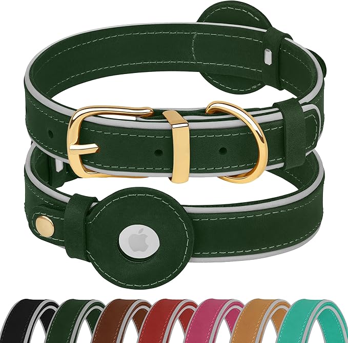 OOPSDOGGY Reflective Geniune Leather Airtag Dog Collar Soft Padded Collars for Small Medium Large Breed Dogs Puppy, 4 Sizes, 7 Colors (Green, Large, 15"-19")-Mewly Pet