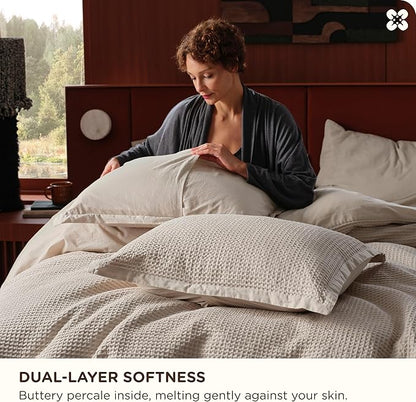 Bedsure Cotton Duvet Cover Set - 100% Cotton Waffle Weave Linen Color Duvet Cover California King Size, GentleSoft™ and Breathable Cal King Bedding Set for All Season, 3 Pieces, 104"x98"