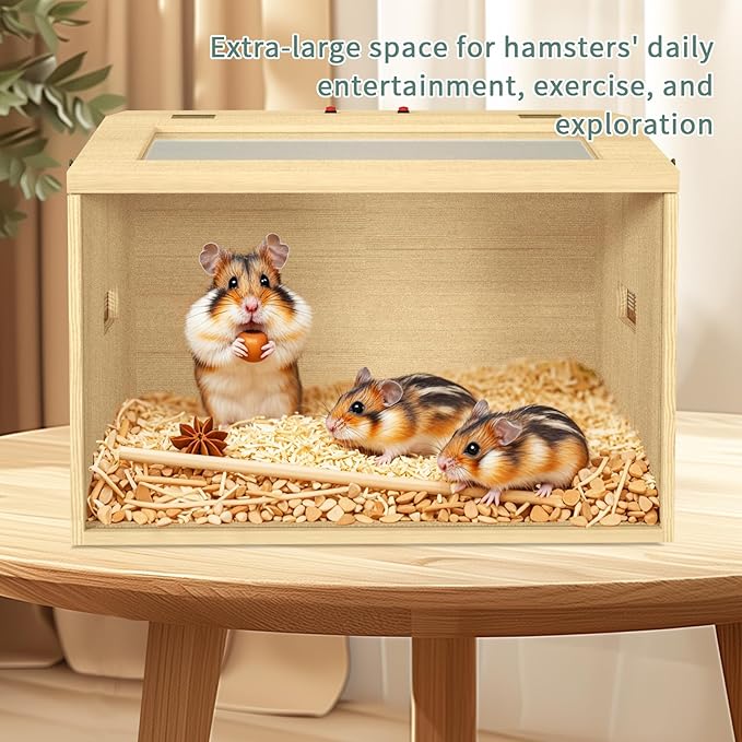 24" Hamster Cage, Top Opening Lockable Roof Door Gerbil Cage, Dwarf Hamster Cage with Hygrometer, Mice and Small Animal Habitat, Chewproof Syrian Hamster Enclosure, (Wooden, 24" L x 16" W x 16" H)-Mewly Pet