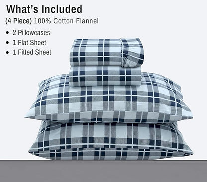 RUVANTI Flannel Sheets Full Size - 100% Cotton Double Brushed Bed Sheets Set, Deep Pockets 16 Inches, All Seasons Breathable & Extra Soft Full Sheets, Warm & Cozy, 4 Piece, Illusion Check