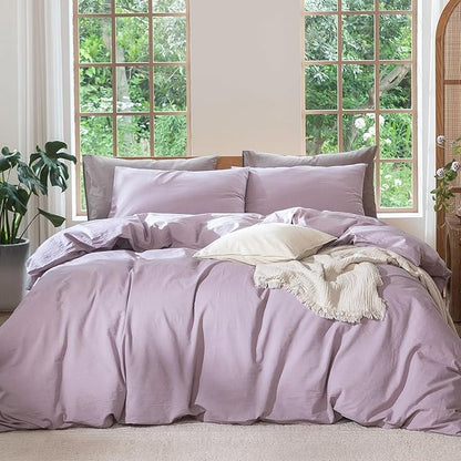 MooMee Bedding Duvet Cover Set 100% Washed Cotton Linen Like Textured Breathable Durable Soft Comfy (Heathered Light Purple, Twin 68"x90")