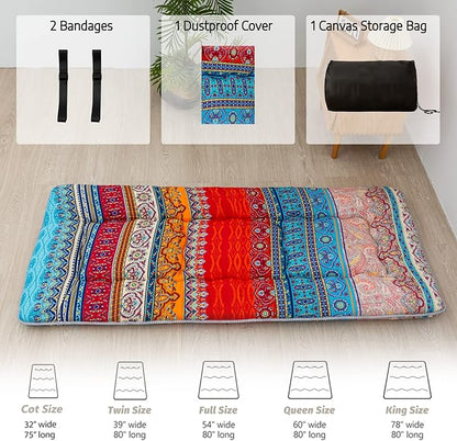 MAXYOYO Cot Mattress Bohemian Floor Bed, Japanese Floor Mattress Narrow Twin Futon Single Bed for Adults, Foldable Futon Roll Up Mat for Camping