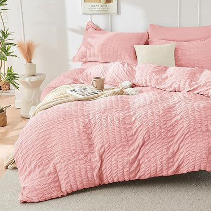 HYMOKEGE Rose Pink King Size Comforter Set Seersucker 7 Pieces, All Season Luxury Bed in a Bag for Bedroom, Bedding Set with Comforter, Sheets, Pillowcases & Shams