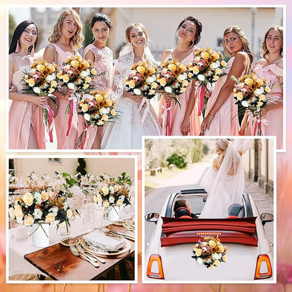 Hotop 12 Bunches of Artificial Flowers Centerpiece 13 Inches Silk Faux Roses Bouquets for Table Decoration Realistic Bouquet Arrangement Boho Faux Flowers for Wedding (Champagne)