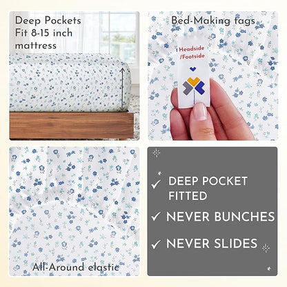 California Design Den Printed Twin XL Sheet Sets - 400 Thread Count Sateen, Natural 100% Cotton Sheets, Deep Pockets, Cooling and Durable Bedding Set - Blooming Meadows
