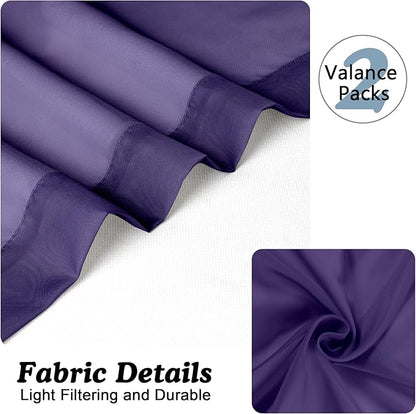 Chyhomenyc Sheer Valances for Windows 2 Packs, 42Wx14L Inches Small Window Valance for Living Room Bathroom Cafe Laundry Basement, Elegant Rod Pocket Voile Valance, Purple
