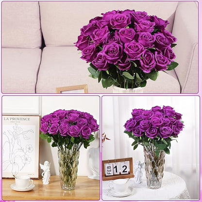 72 Pcs Artificial Roses Purple Fake Silk Roses Realistic Roses Faux Flower Indoor Wedding Home Decor, Birthday Decorations