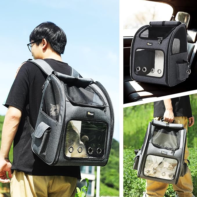 Hoopet Expandable Cat Backpack Carrier – Breathable Pet Carrier for Small Cats & Dogs, Foldable Travel Backpack with Mesh Ventilation for Hiking, Walking, Camping, Dark Grey-Mewly Pet