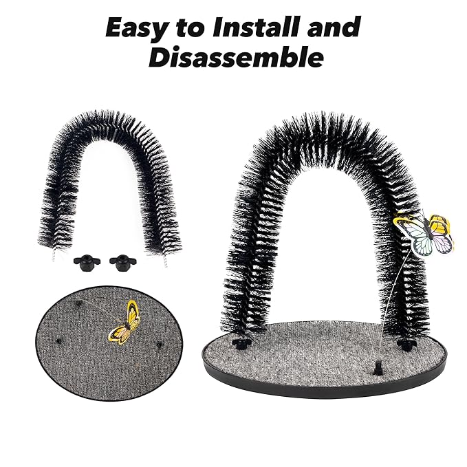 Pet Prime 2in1 Cat Arch Self Groomer for Indoor Cats, Back Scratcher Grooming Massage Brush With Sturdy Scratching Pad, Durable Brusher and Butterfly Toy-Mewly Pet