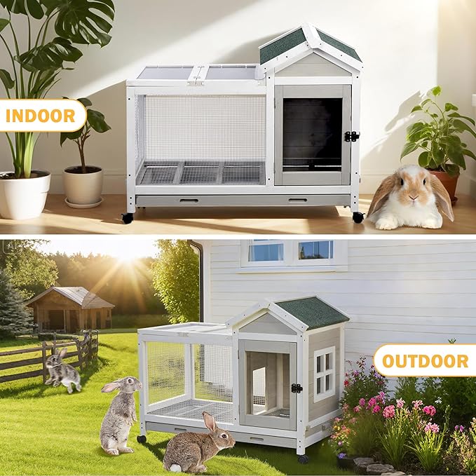 Wooden Rabbit Hutch with Waterproof Roof,Outdoor/Indoor Bunny Cage with Removable Slide-Out Bottom Tray, Chewproof Rabbit cage for Small-Medium Animals (Guinea Pigs, Hedgehogs)-Mewly Pet