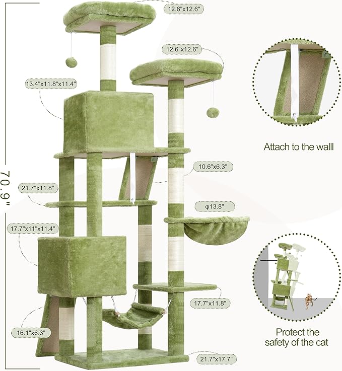 Cat Tree for Indoor Cats, 71'' (180cm) Multi-Level Cat Tower for Large Adult, Sturdy Cat Tree House with 2 Scratching Boards 7 Posts, 2 Plush Perches/Condos, Hammock, Green GCT032GR-Mewly Pet