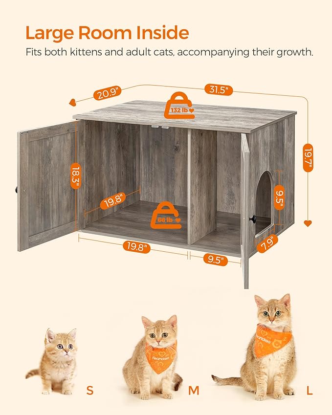 Feandrea Cat Litter Box Enclosure, Litter Box Furniture Hidden with Removable Divider, Indoor Cat House, End Table, 31.5 x 20.9 x 19.7 Inches, Greige UPCL002G01-Mewly Pet