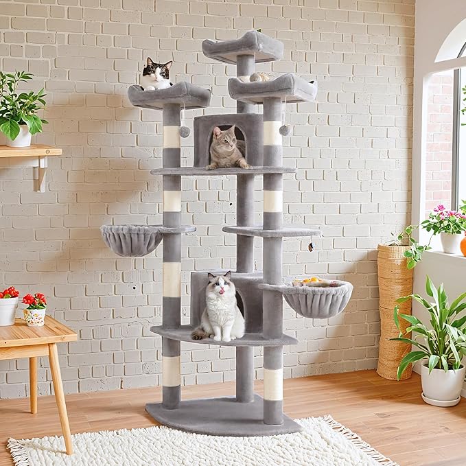 SHA CERLIN 73" Space-Saving Cat Tree/Multi-Level Tall Cat Tower with Perches/Scratching Posts/Condo & Hanging Baskets/Modern Fan-Shaped Design for Indoor Kitties/Pet Activity House/Grey-Mewly Pet