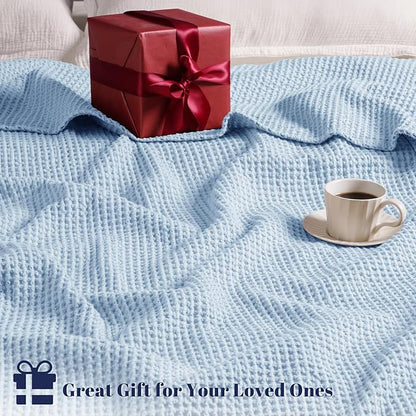 PHF 100% Cotton Waffle Weave Blanket King Size for Bed,Snag Proof Lightweight Breathable Throw for Couch,Great for Layering in Cold Weather,Machine Washable,Home Decor Gift-Sky Blue/Baby Blue
