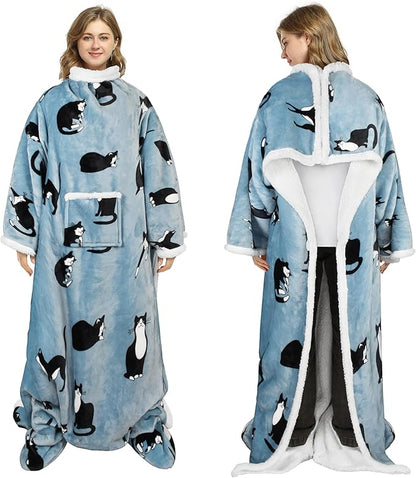 Catalonia Sherpa Wearable Blanket with Sleeves & Foot Pockets for Adult Women Men, Comfy Snuggle Wrap Sleeved Throw Blanket Robe, Gift Idea, Wonder Cat