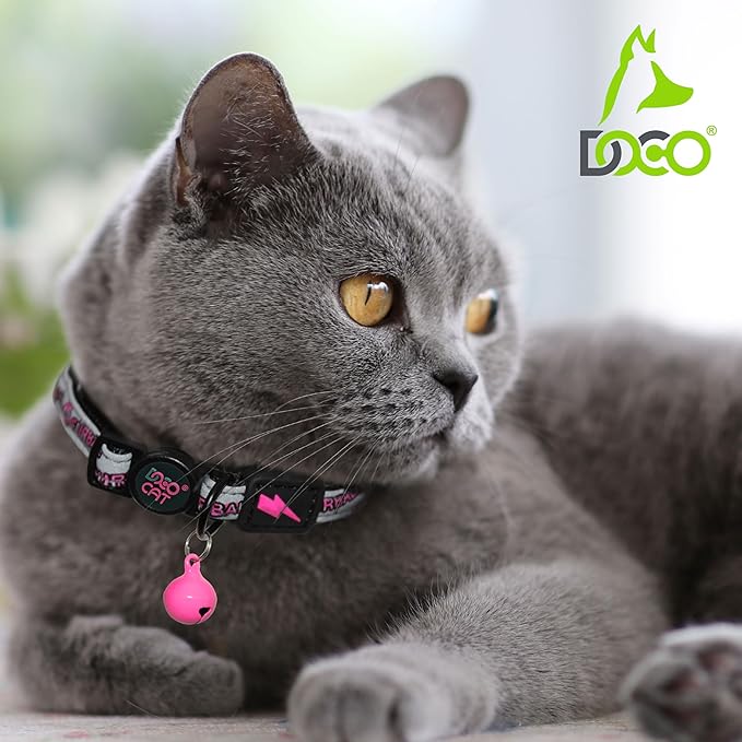 DOCO Cat Collar (Neck Girth - 3/8" x 7.5-12", Weight Upto - 13lb) Reflective Cat Collar with Bell, Breakaway Safety Buckle, Adjustable Nylon Strap for Kittens & Adult Cats (Red)-Mewly Pet