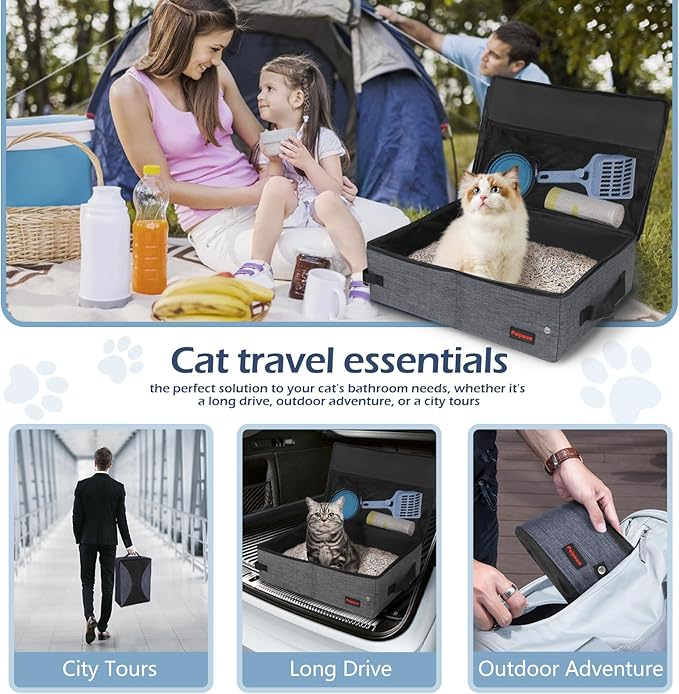 Portable Cat Travel Litter Box. Zipped Lid, Collapsible Litter Box for Cats. No Leakage, No Smell. Easy to Carry. Used for Hotels, Camping, Car(Gray,L)-Mewly Pet