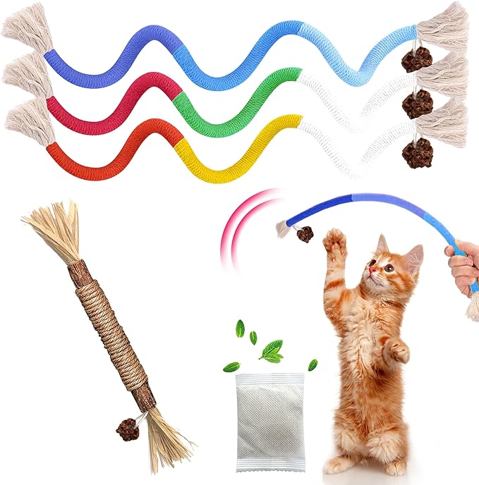 Cat Toys Chew Rope & Silvervine Sticks for Bored Indoor Adult Cats, 4Pcs Interactive Catnip Toys for Cats with Refillable Natural Catnip Bag for Teeth Cleaning-Mewly Pet