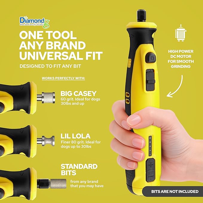 Diamondg Cordless Dog Nail Grinder with Quiet Sound & LED Tip for Large & Small Dogs, 4hrs. Runtime, 2 Bits Included, Yellow-Mewly Pet