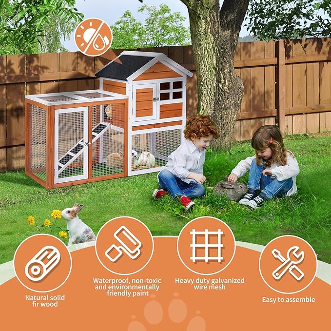 Outvita Rabbit Hutch, Small Wood Chicken Coop, 48" Guinea Pig Cage w/Pull-Out Tray, Waterproof Asphalt Roof, Chicken Run, Interactive Door for Small Animal Pen Outdoor-Mewly Pet