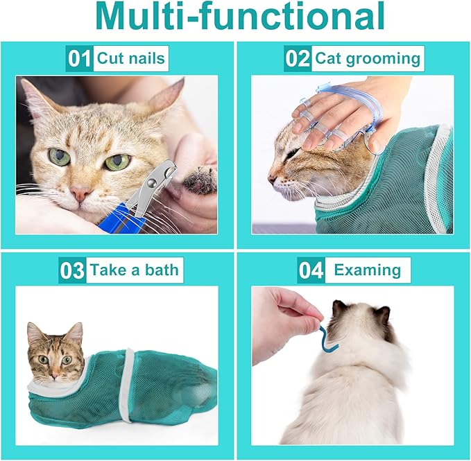 Patelai 5 Pcs Cat Bathing Bag Set Cat Grooming Bag Adjustable Pet Shower Net Muzzles Nail Clipper Tick Remover Tool Massage Brush(Green White)-Mewly Pet