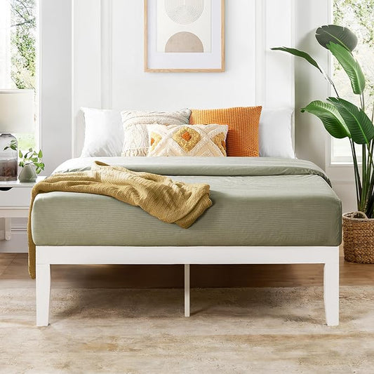 Mellow Naturalista Classic 16 Inch Solid Wood Platform Bed with Wooden Slats, White, Queen