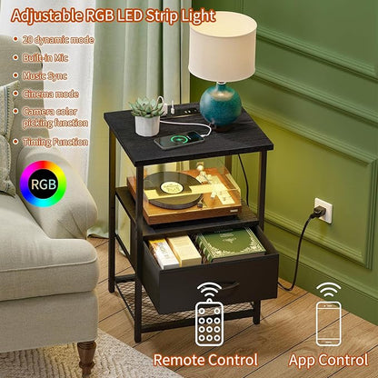 Fixwal Night Stand Set of 2 with Charging Station, LED Nightstand with Fabric Drawers, End Table with PU Finish, Bed Side Table, Black