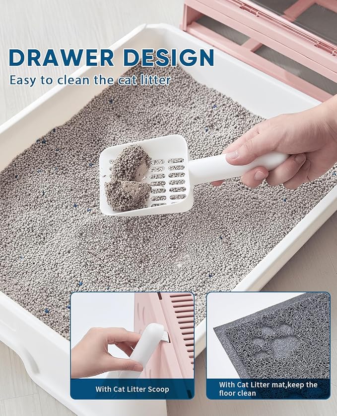 Cat Litter Box with Litter Mat and Scoop, Large Foldable Litter Box with Lid, Front Entry Top Exit Kitty Box, Odor Control, Easy to Clean (Pink)-Mewly Pet