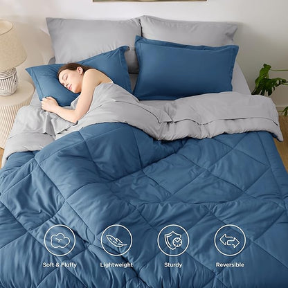 Bedsure King Size Comforter Set - 7 Pieces Reversible Slate Blue Bedding, King Size Bed Set for All Seasons, Bed in a Bag with Down Alternative Comforter, Sheets, Pillowcases & Shams