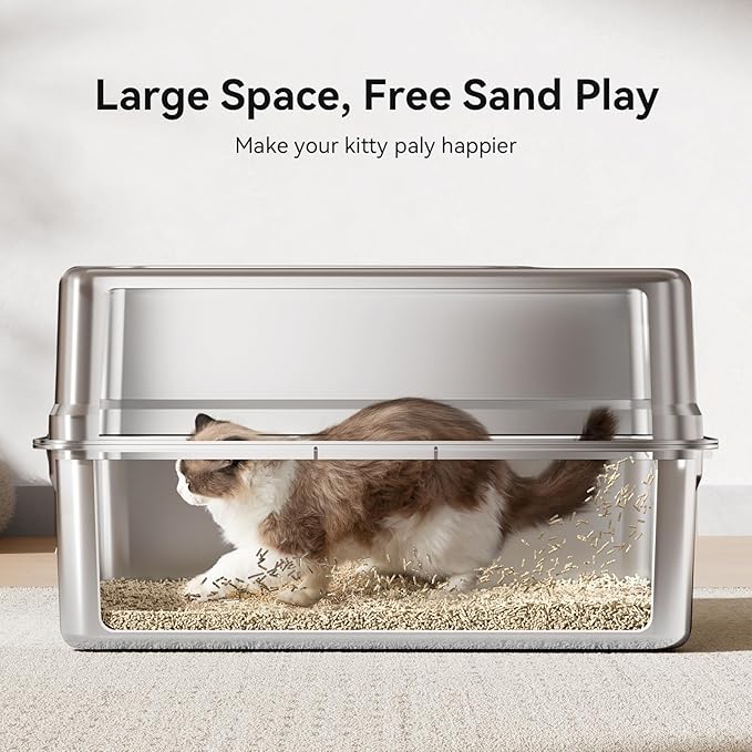 All-Metal 28" Extra Large Stainless Steel Cat Litter Boxes with Lid Metal Cat Litterbox Pan for Big Cats and Multiple Cats, Anti-Leakage, Easy Cleaning, Include Scoop-Mewly Pet